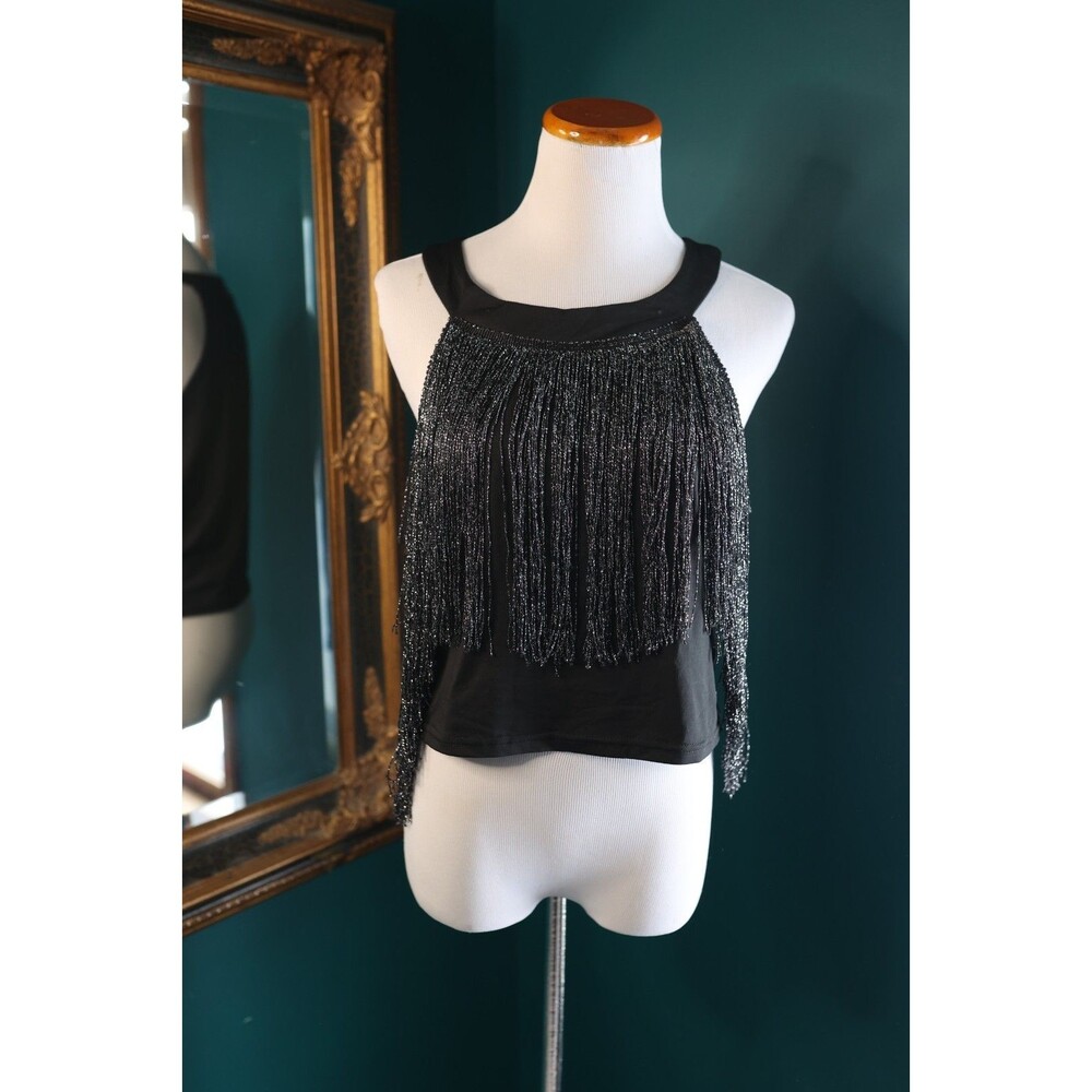 Fringe Tassel Trim Glitter Crop Top  Sleeveless Halter Neck Cowgirl Festival XL